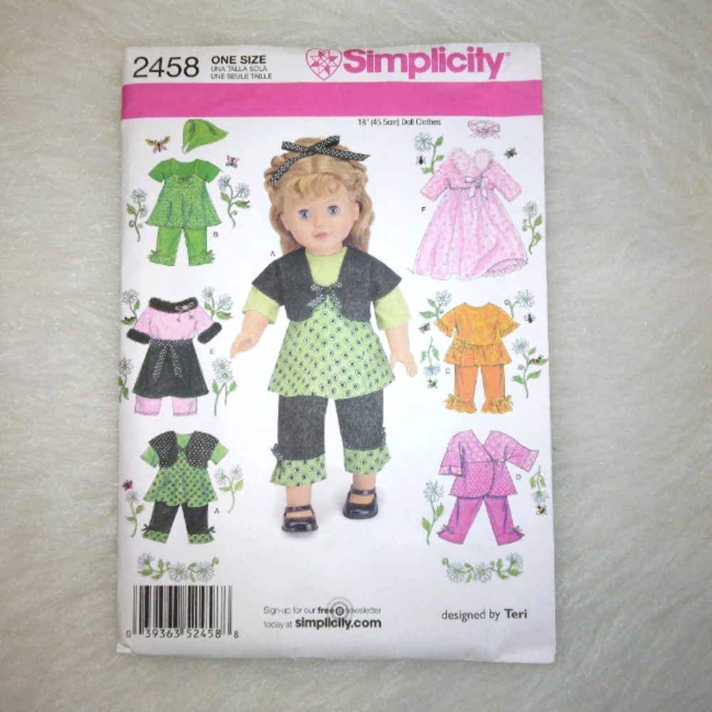 SIMPLICITY 2458 Outfits designed by Teri for American Girl Doll & 18" do…